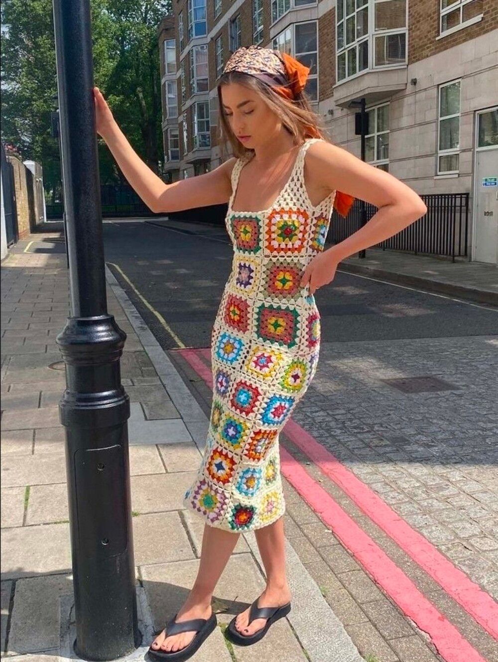 Hand Knit Crochet Colorful Granny Square Sheath Sleeveless Boho Maxi Dress M